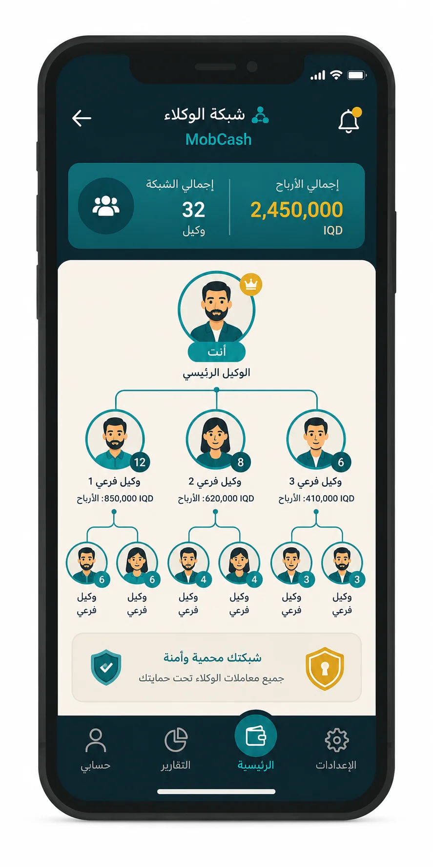 شاشة شبكة الوكلاء الفرعيين بتطبيق MobCash